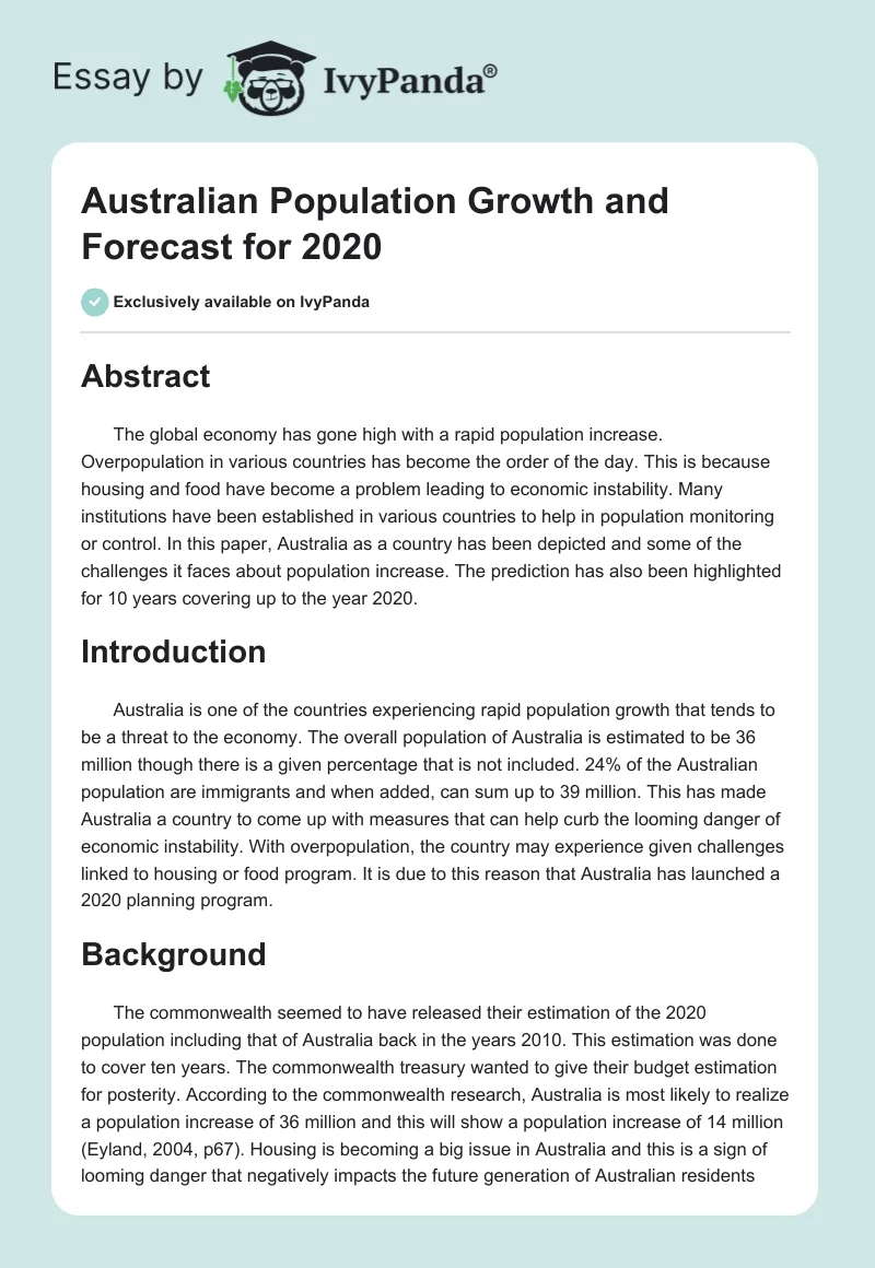 Australian Population Growth and Forecast for 2020. Page 1
