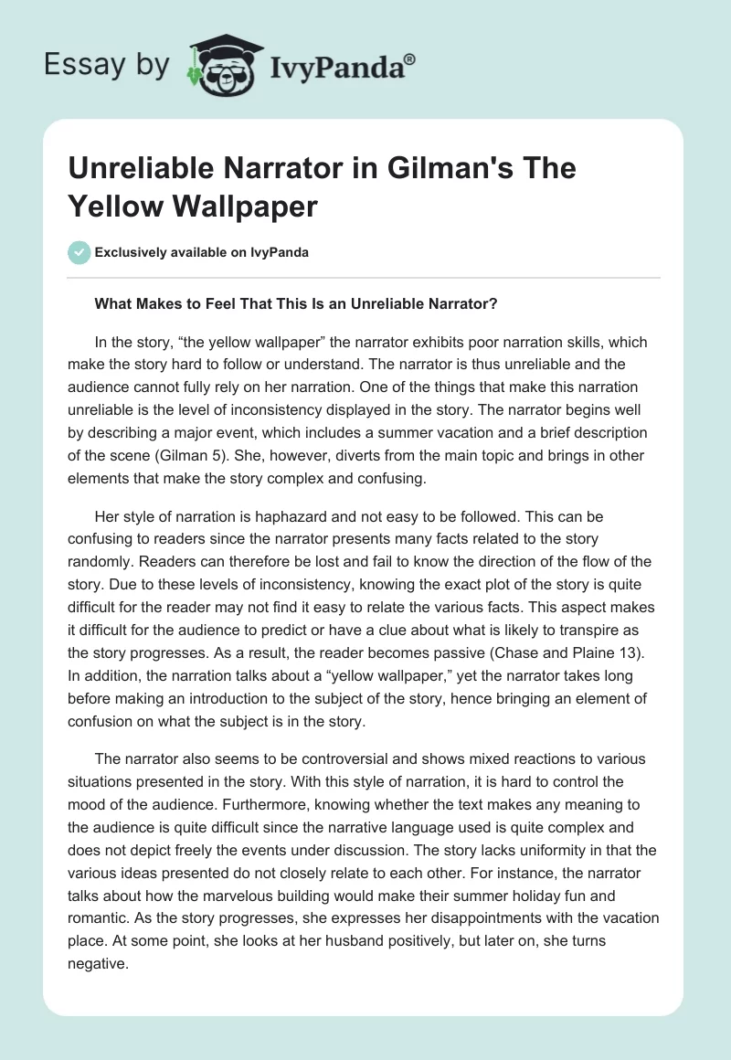 Unreliable Narrator in Gilman's The Yellow Wallpaper. Page 1