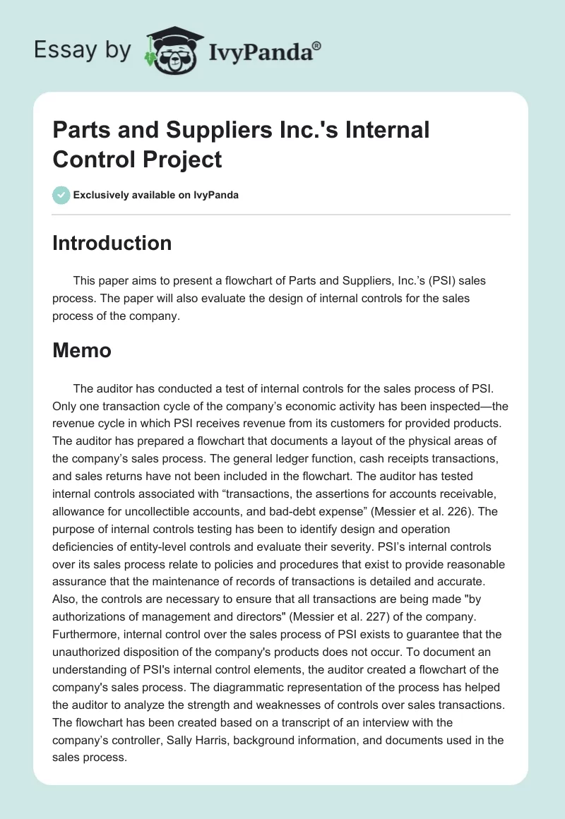 Parts and Suppliers Inc.'s Internal Control Project. Page 1