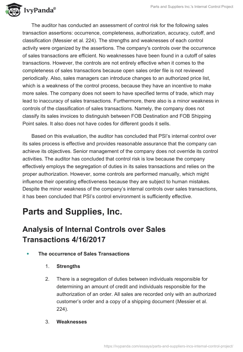 Parts and Suppliers Inc.'s Internal Control Project. Page 2