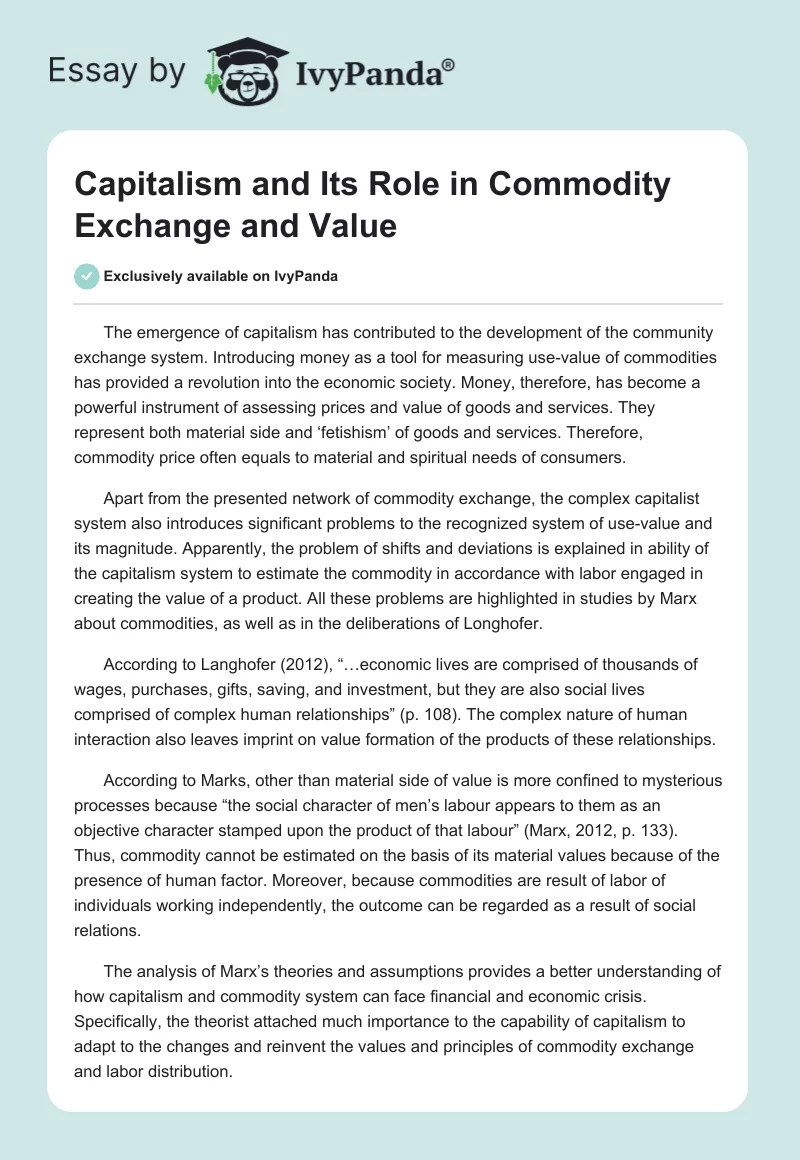 Capitalism and Its Role in Commodity Exchange and Value. Page 1