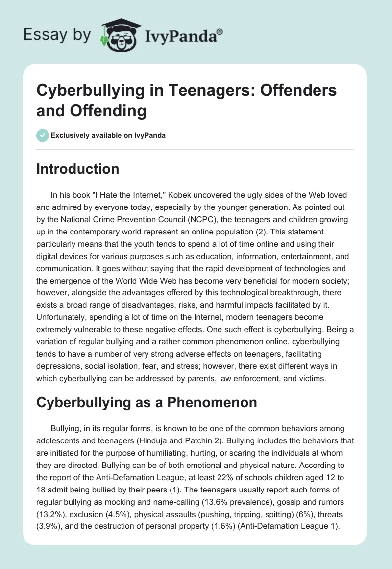 Cyberbullying in Teenagers: Offenders and Offending. Page 1