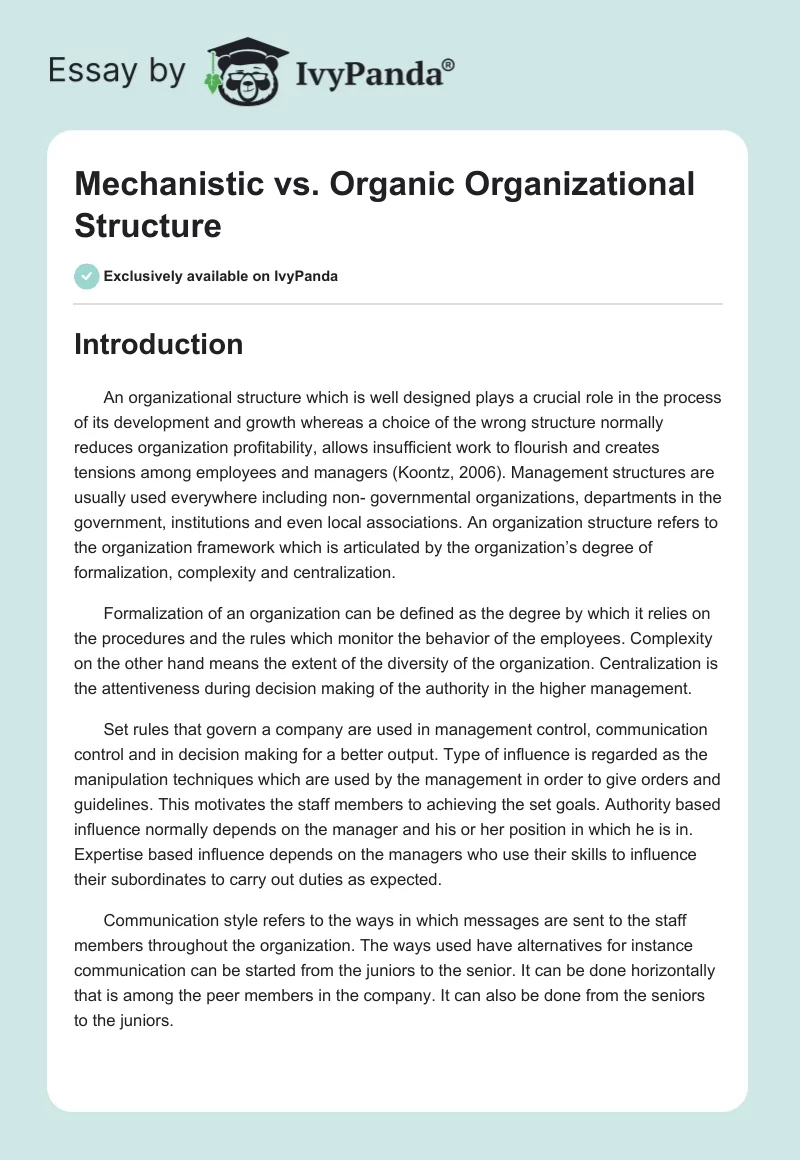 Mechanistic vs. Organic Organizational Structure. Page 1
