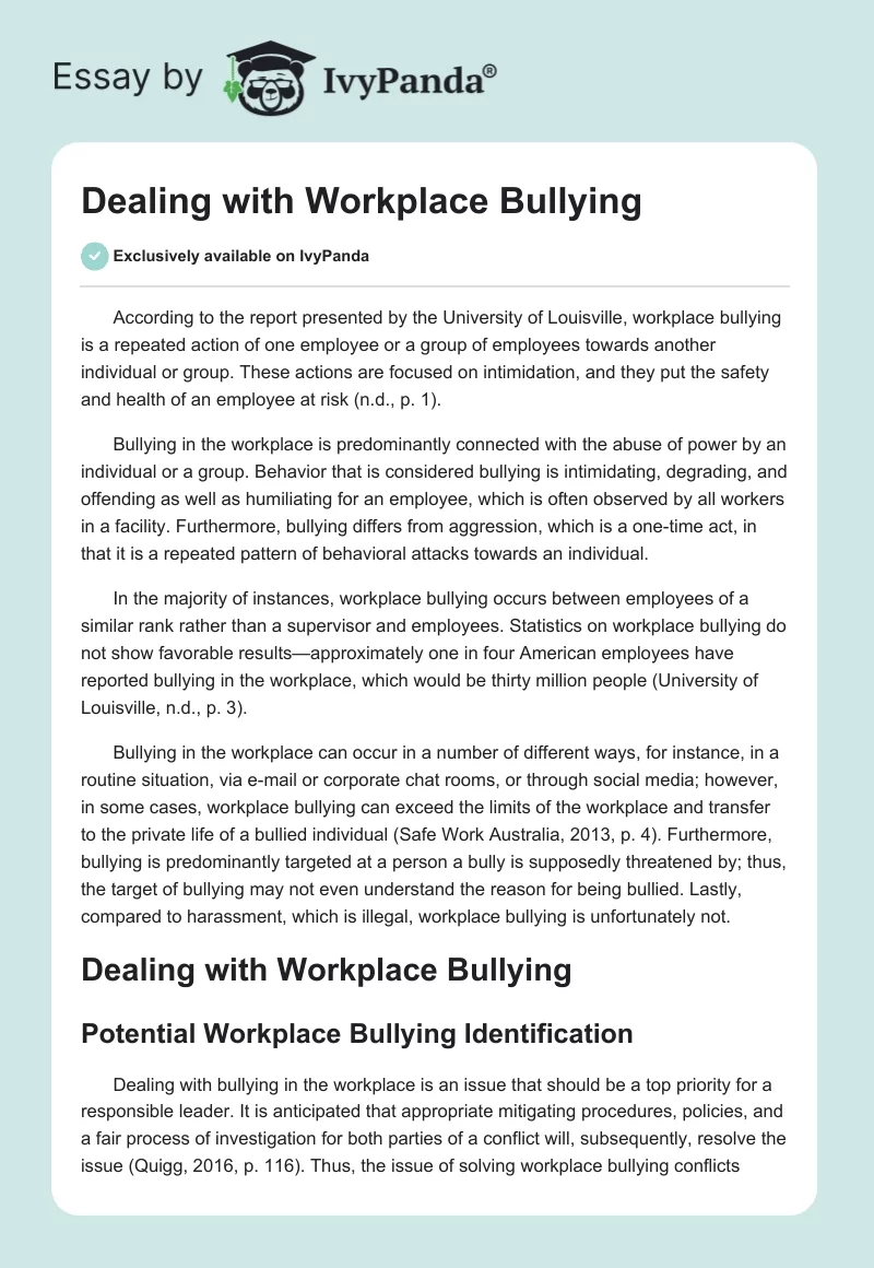Dealing With Workplace Bullying. Page 1
