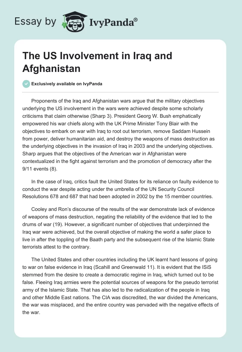 The US Involvement in Iraq and Afghanistan. Page 1