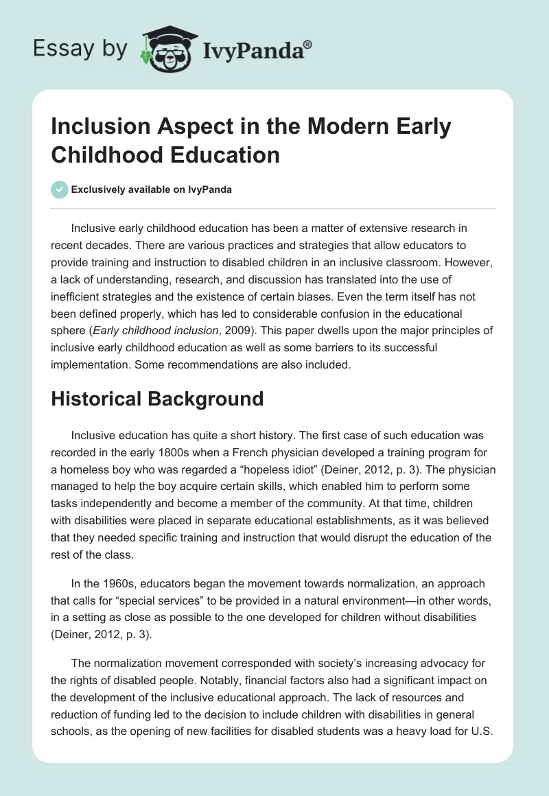 Inclusion Aspect in the Modern Early Childhood Education. Page 1