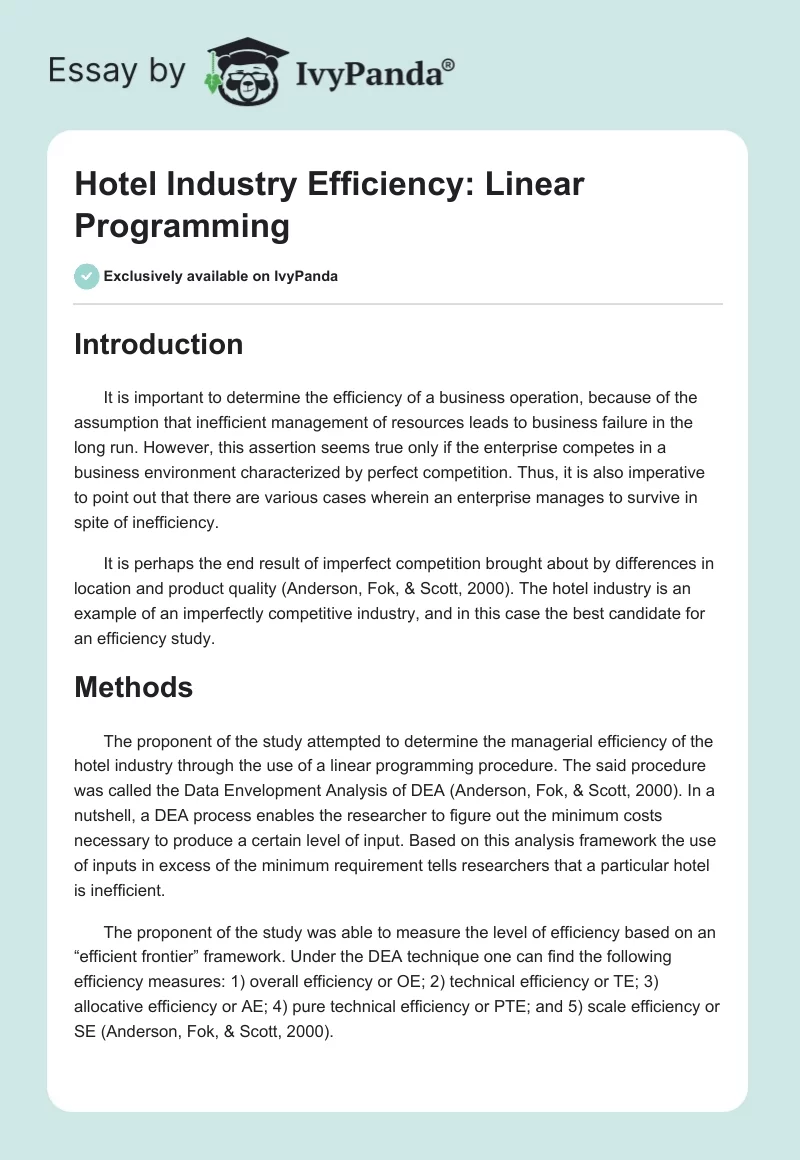Hotel Industry Efficiency: Linear Programming. Page 1