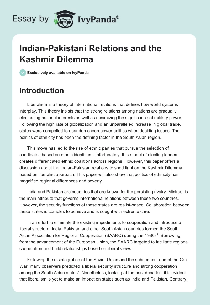 Indian-Pakistani Relations and the Kashmir Dilemma. Page 1