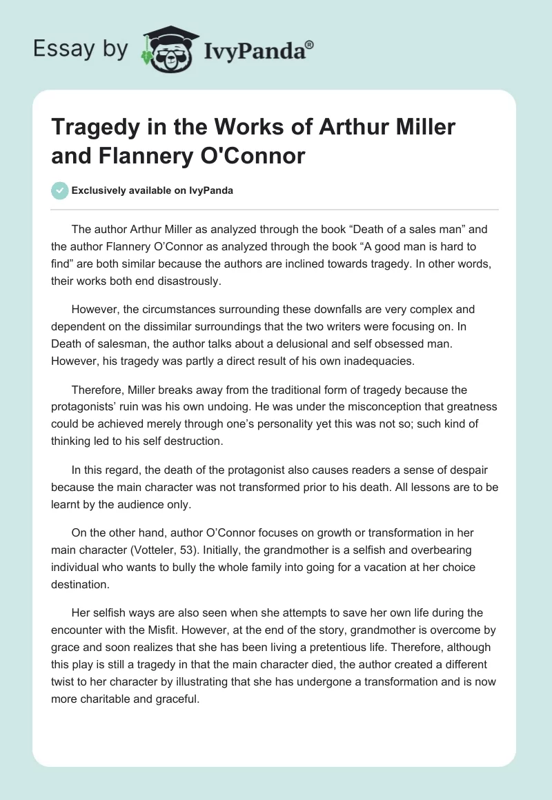 Tragedy in the Works of Arthur Miller and Flannery O'Connor. Page 1