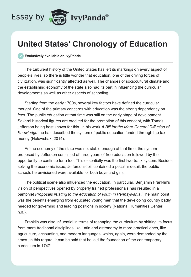 United States' Chronology of Education. Page 1