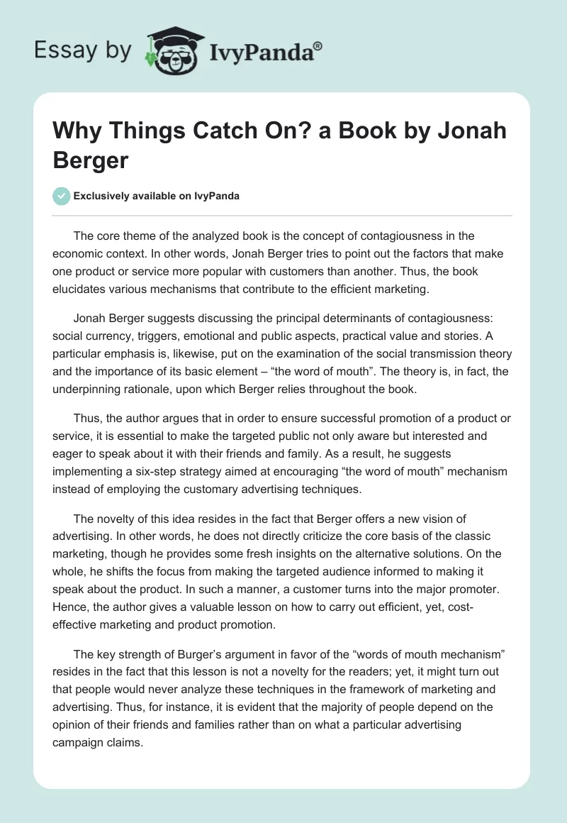 "Why Things Catch On?" a Book by Jonah Berger. Page 1
