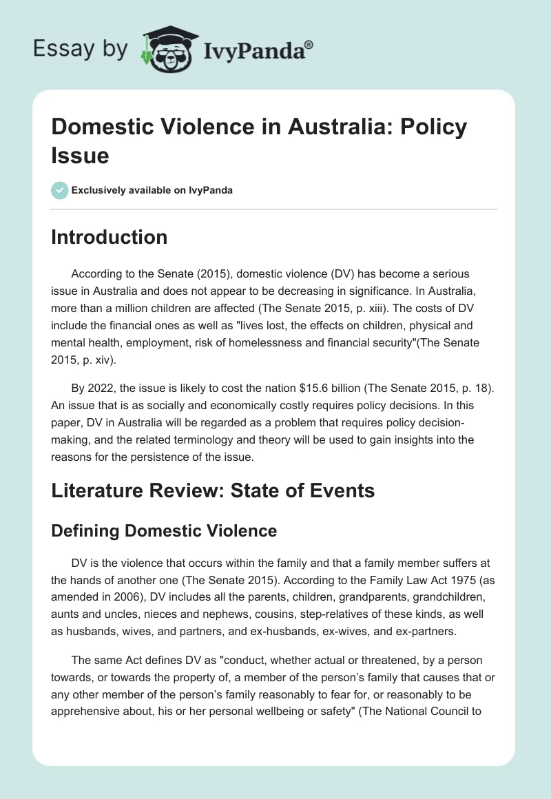 Domestic Violence in Australia: Policy Issue. Page 1