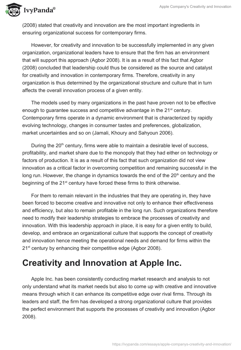 Apple Company's Creativity and Innovation. Page 2