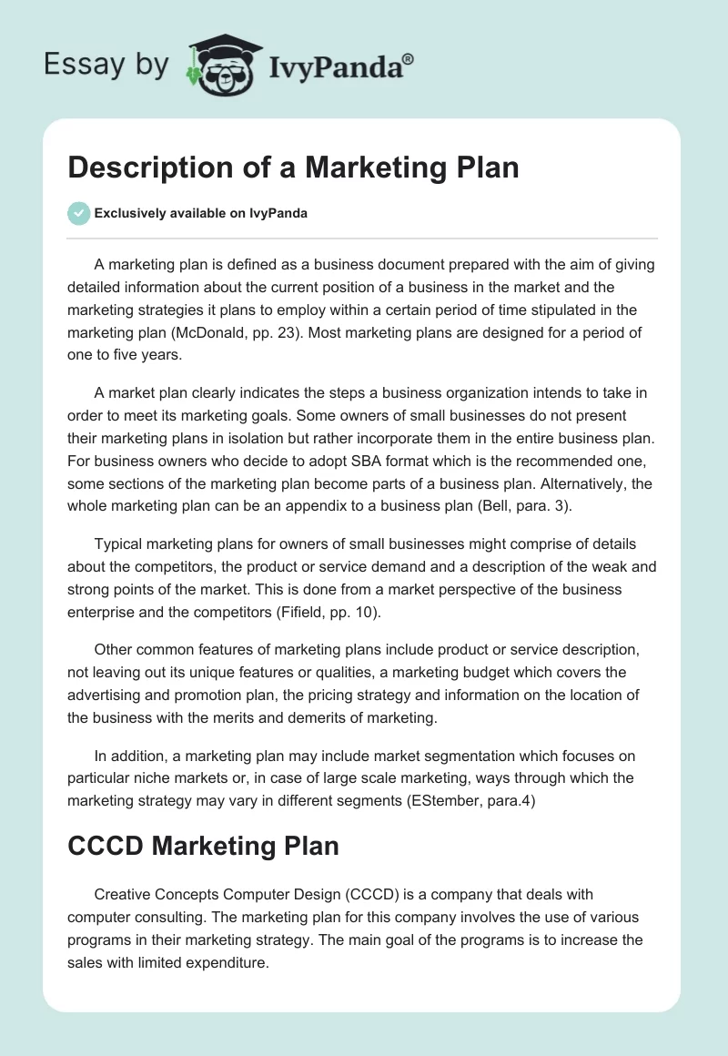 Description of a Marketing Plan. Page 1