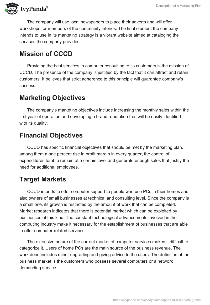 Description of a Marketing Plan. Page 2