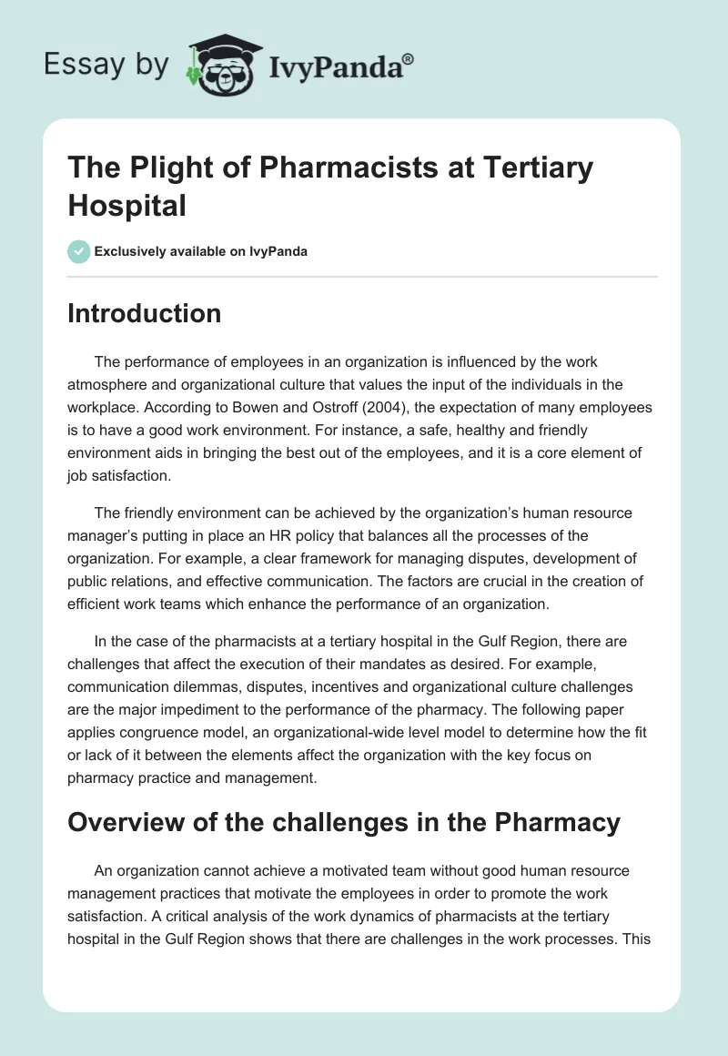 The Plight of Pharmacists at Tertiary Hospital. Page 1
