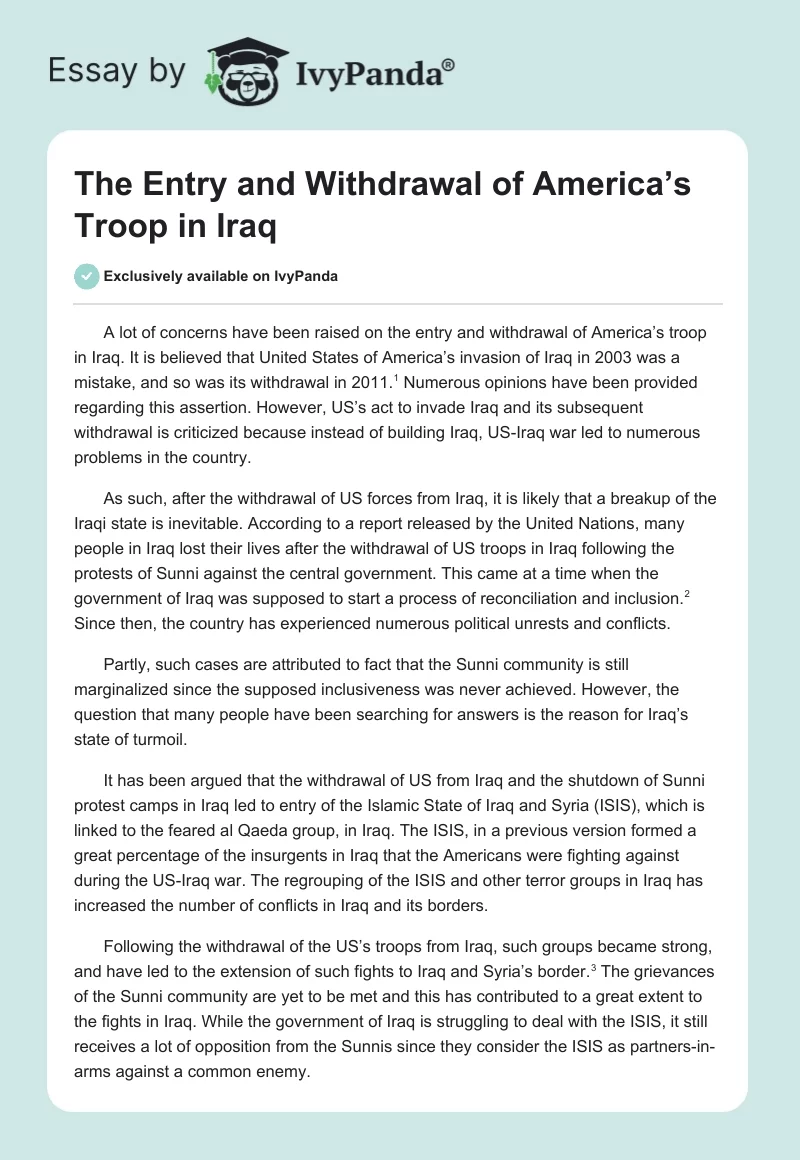 The Entry and Withdrawal of America’s Troop in Iraq. Page 1
