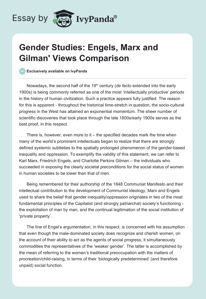 Gender Studies: Engels, Marx and Gilman' Views Comparison. Page 1