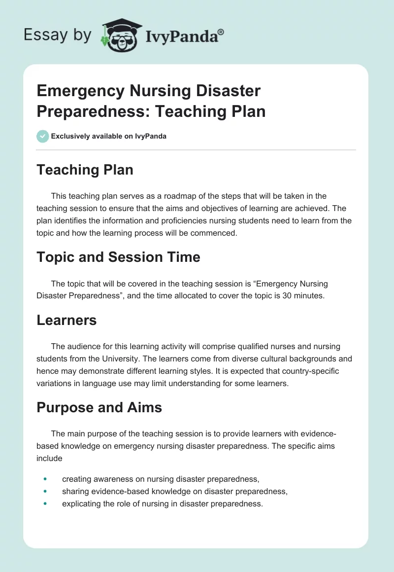 Emergency Nursing Disaster Preparedness: Teaching Plan. Page 1