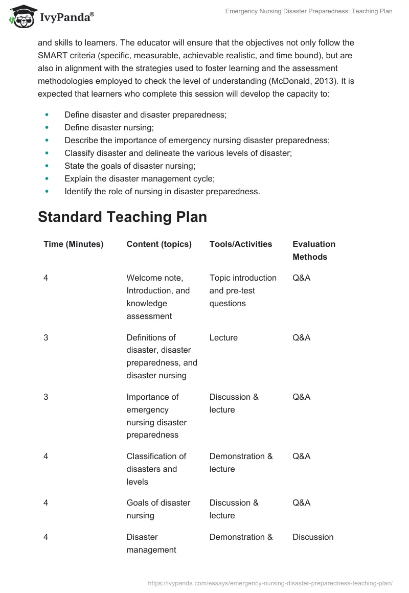 Emergency Nursing Disaster Preparedness: Teaching Plan. Page 4