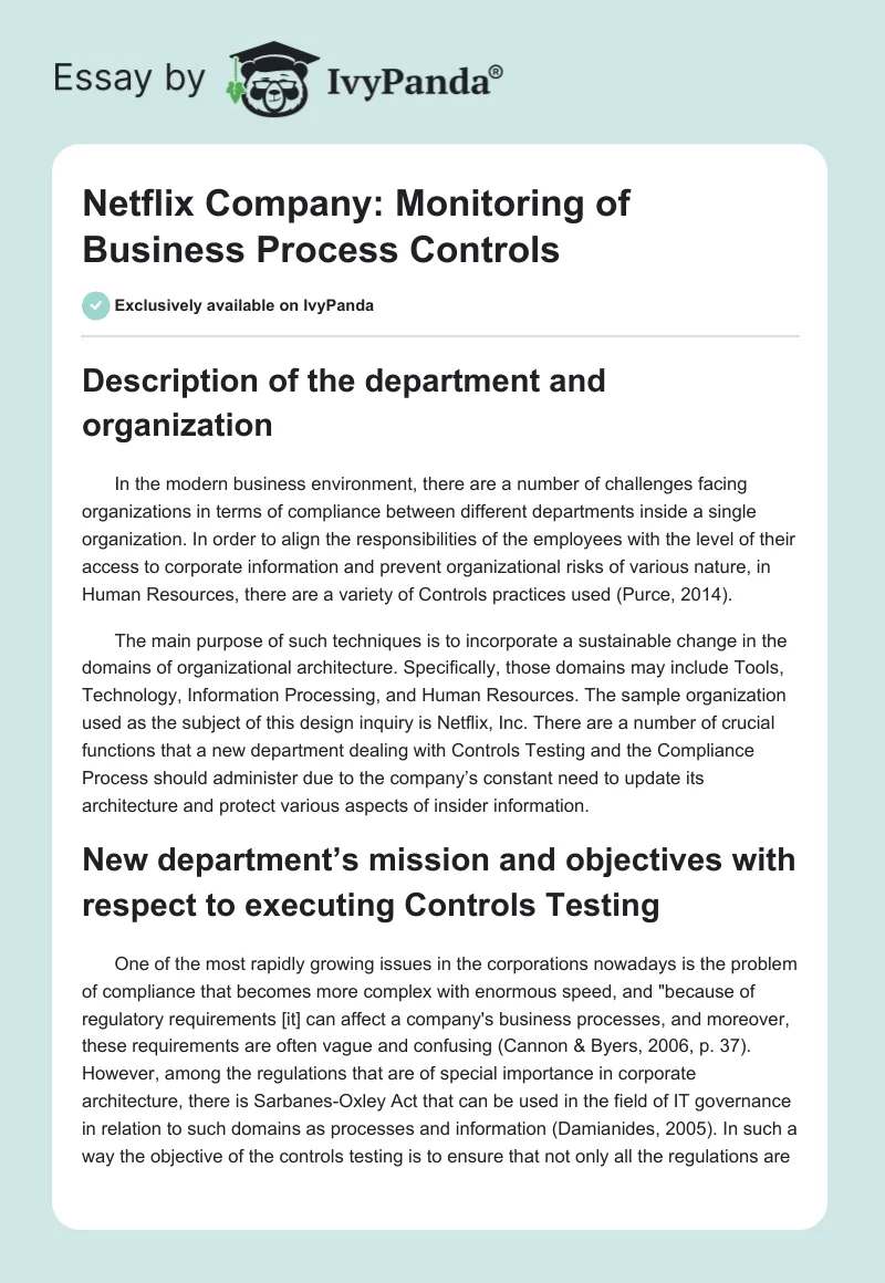 Netflix Company: Monitoring of Business Process Controls. Page 1