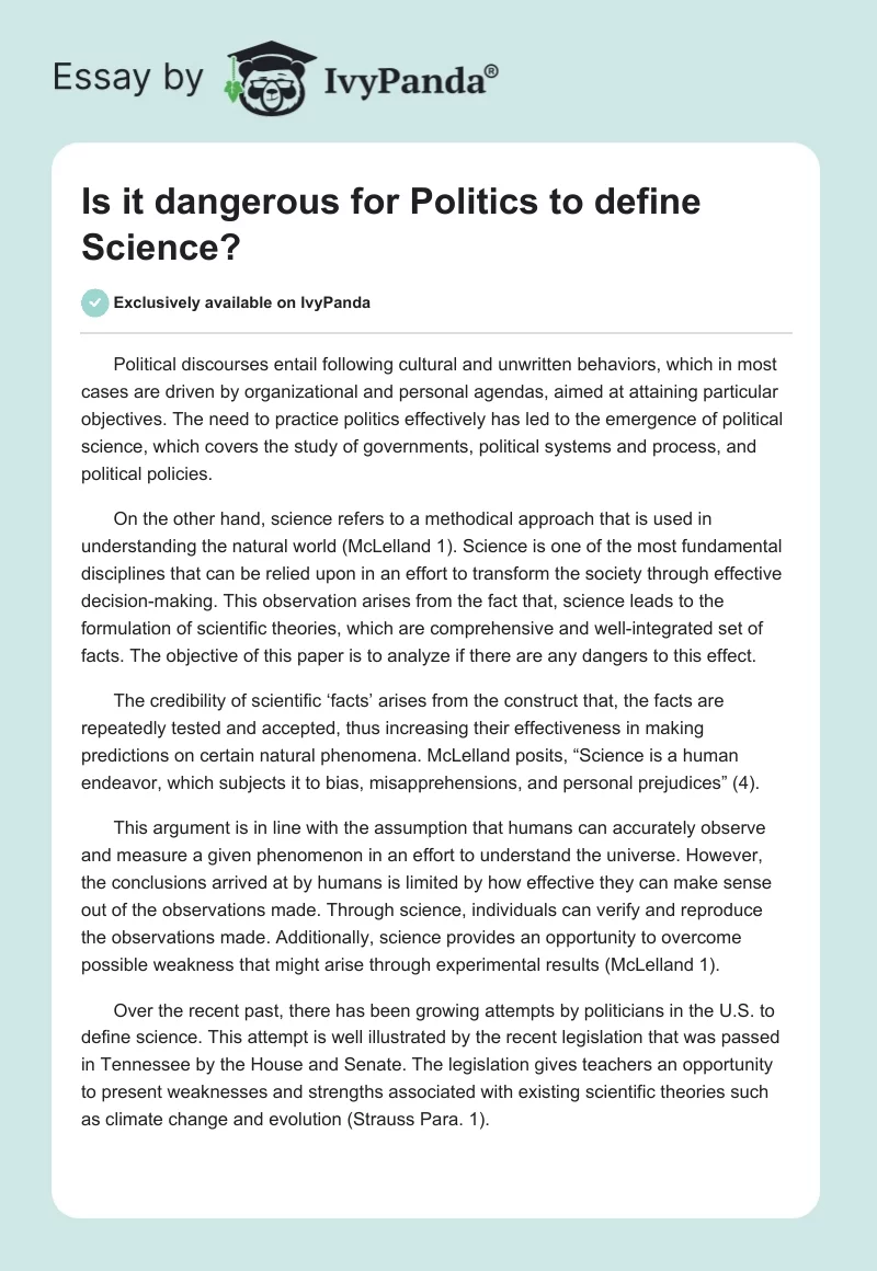 Is it dangerous for Politics to define Science?. Page 1