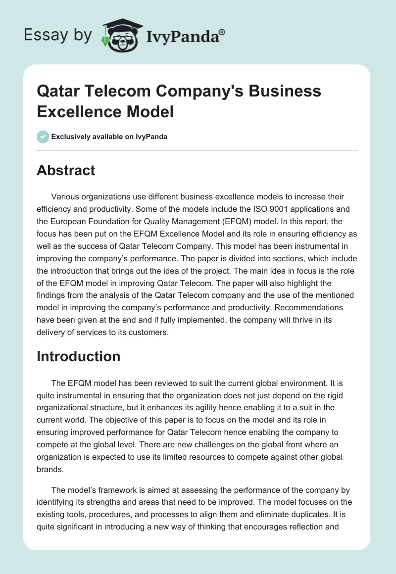 Qatar Telecom Company's Business Excellence Model. Page 1