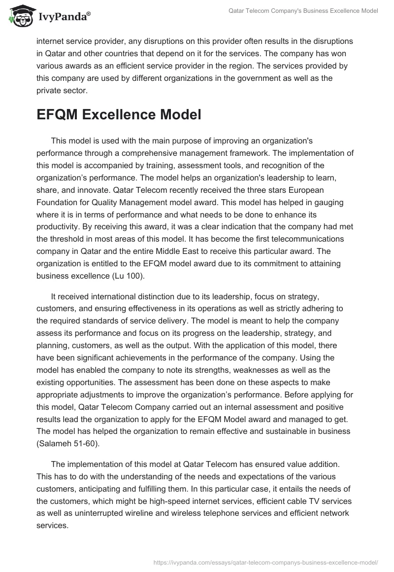 Qatar Telecom Company's Business Excellence Model. Page 3