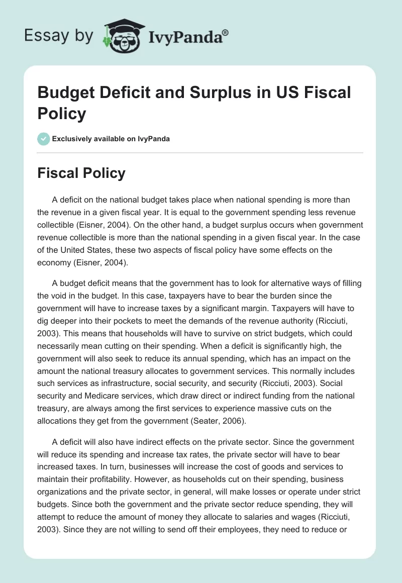 Budget Deficit and Surplus in US Fiscal Policy. Page 1