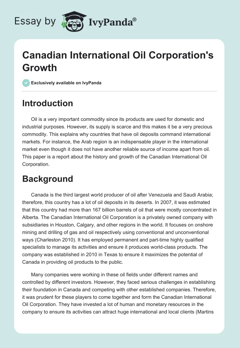 Canadian International Oil Corporation's Growth. Page 1