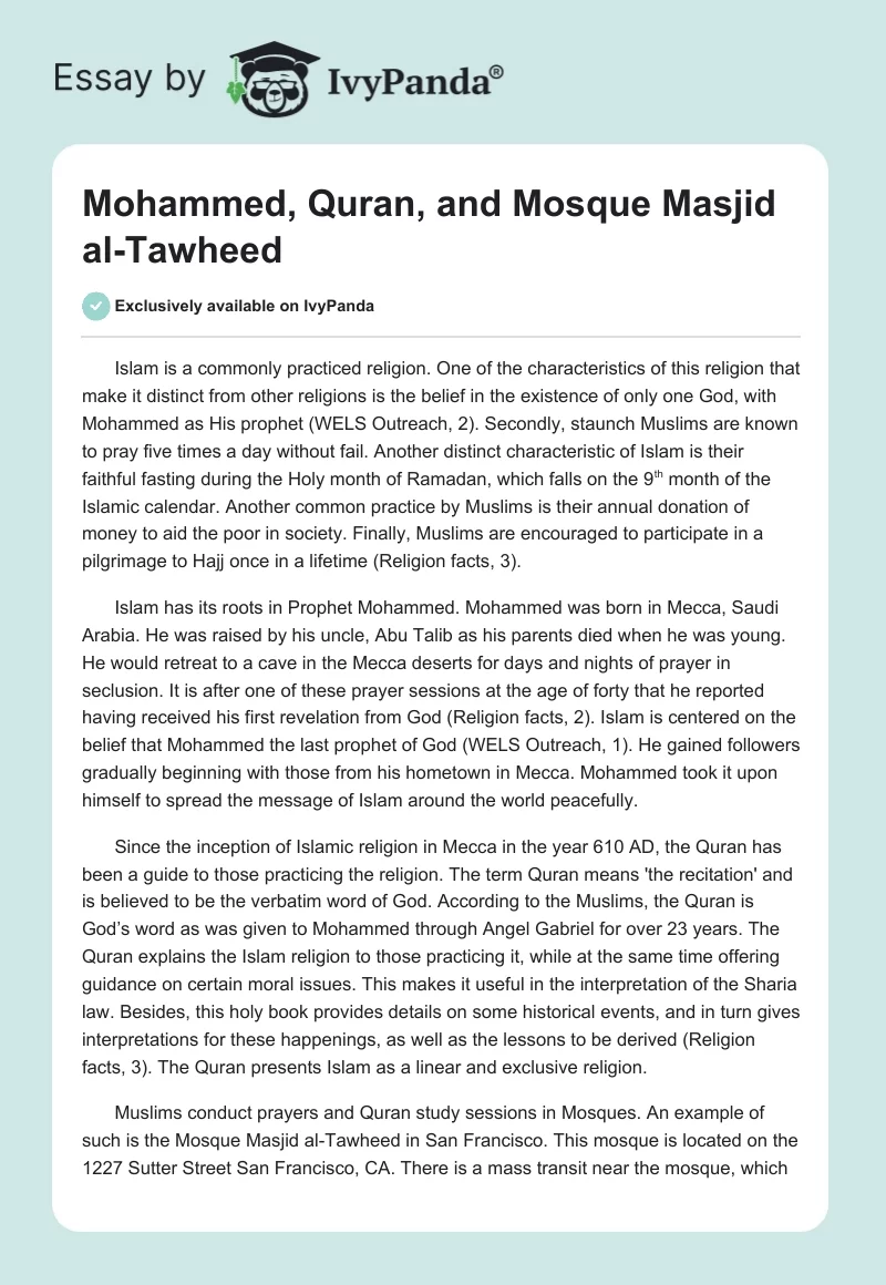 Mohammed, Quran, and Mosque Masjid Al-Tawheed. Page 1