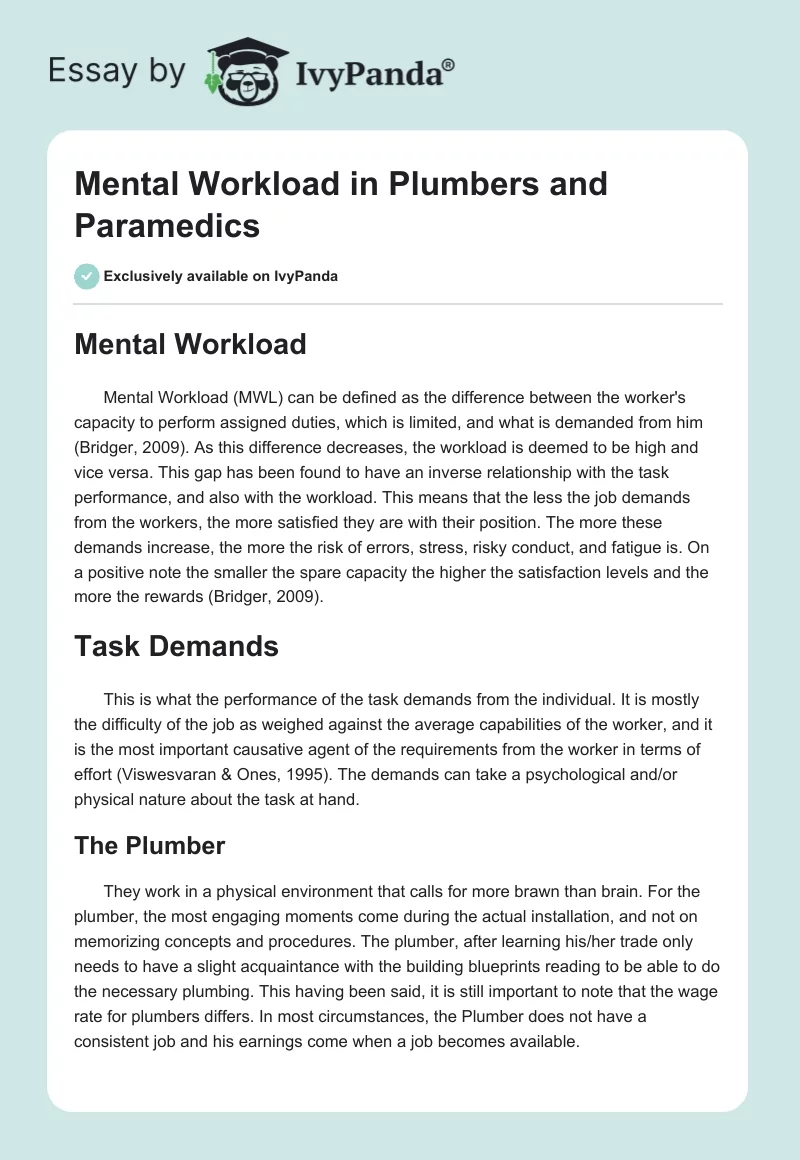 Mental Workload in Plumbers and Paramedics. Page 1