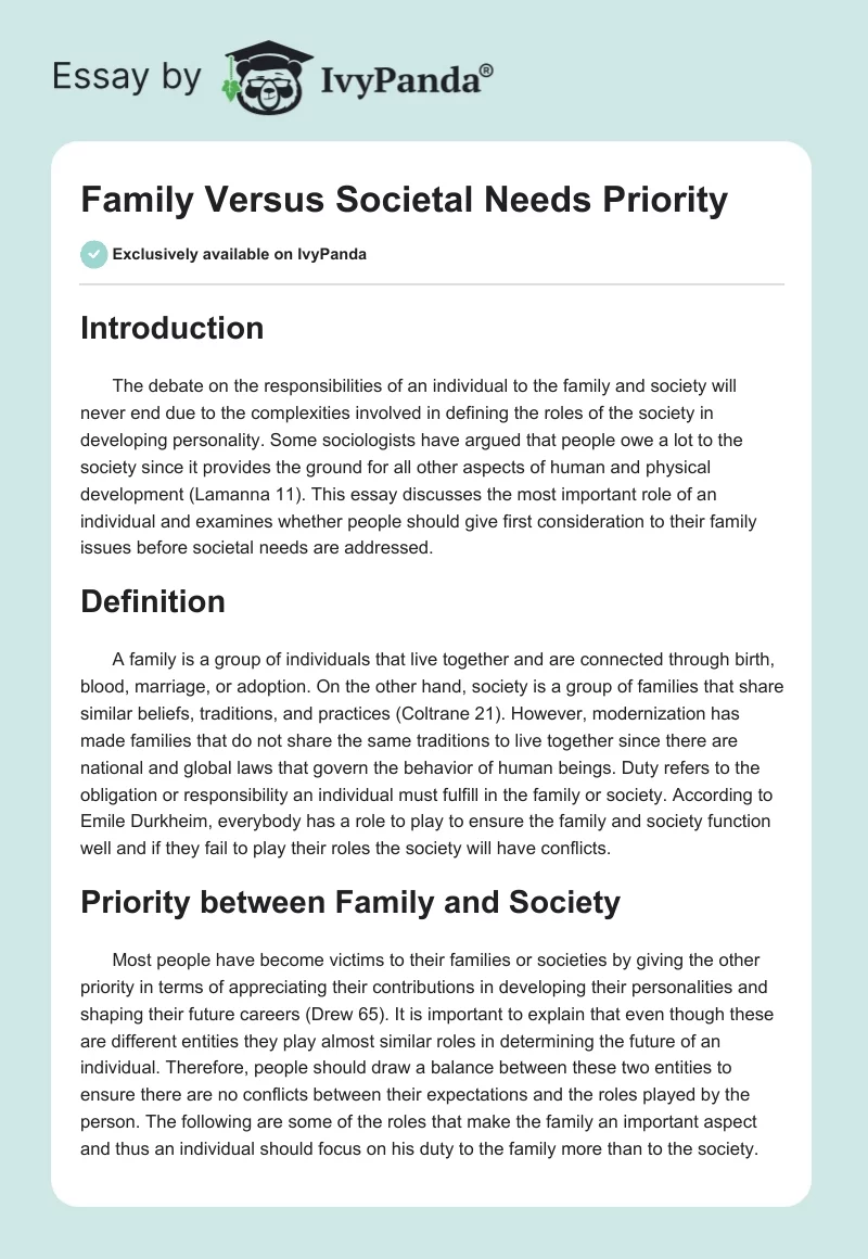 Family Versus Societal Needs Priority. Page 1