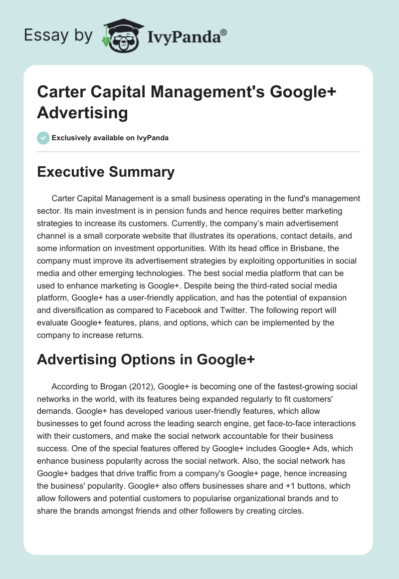 Carter Capital Management's Google+ Advertising. Page 1