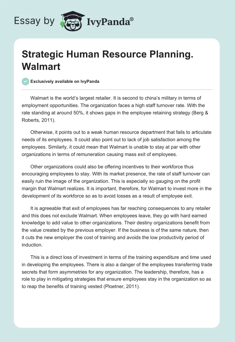 Strategic Human Resource Planning. Walmart. Page 1