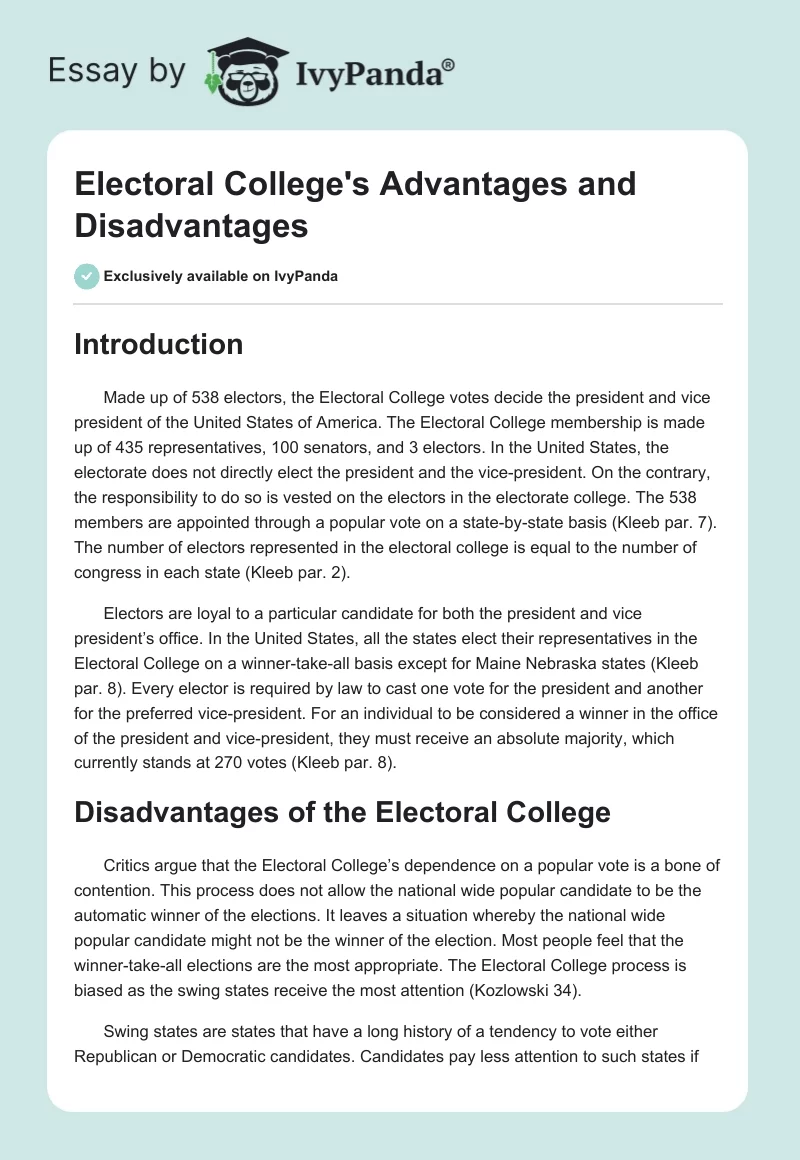Electoral College's Advantages and Disadvantages. Page 1