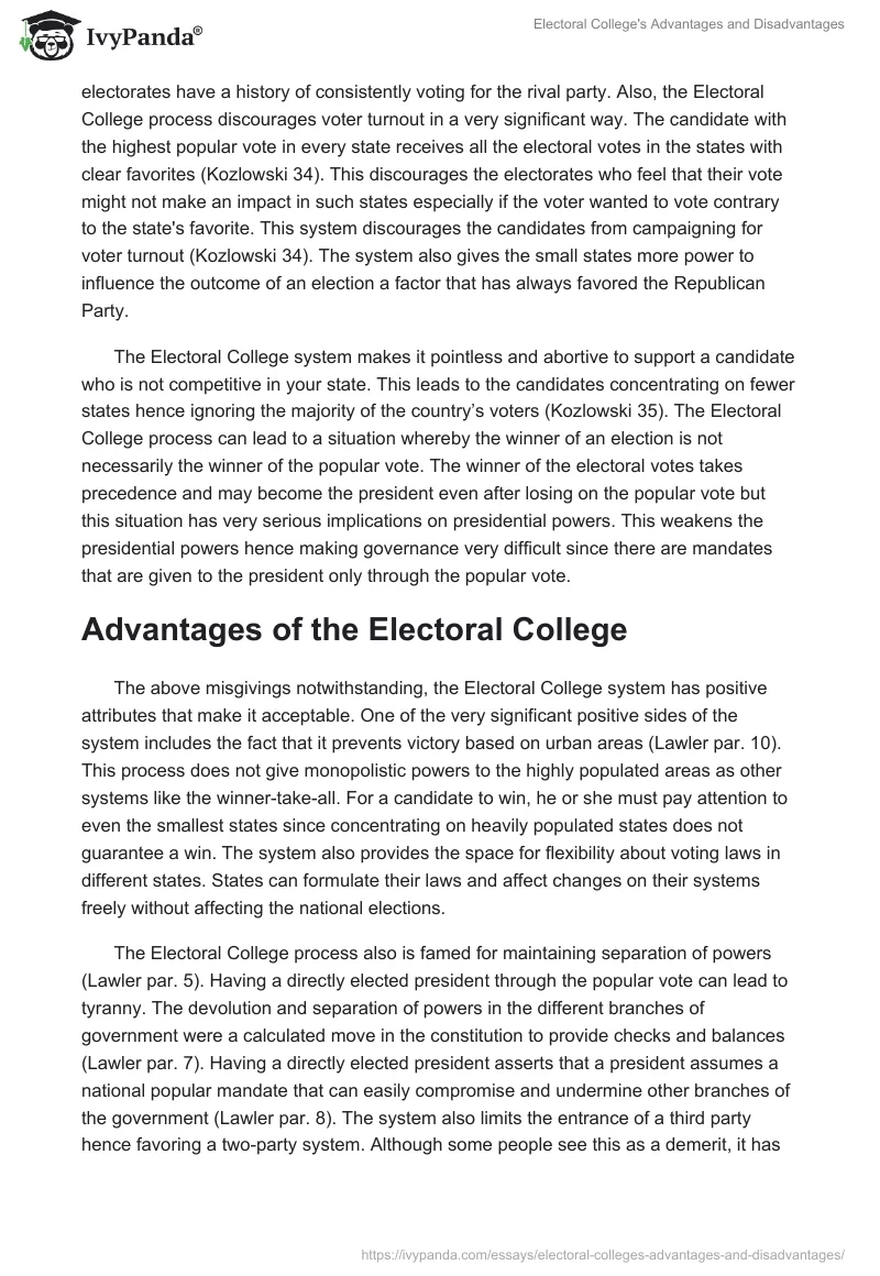 Electoral College's Advantages and Disadvantages. Page 2