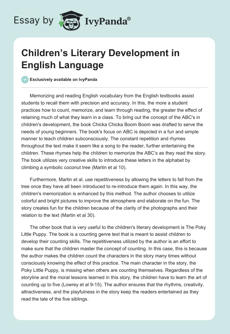 Children’s Literary Development in English Language. Page 1
