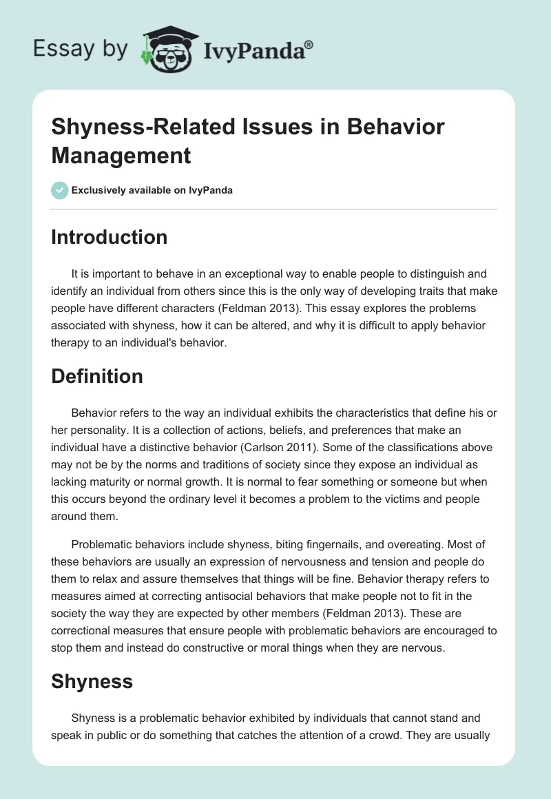 Shyness-Related Issues in Behavior Management. Page 1