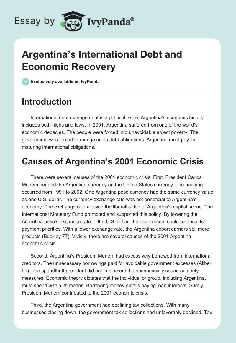 Argentina’s International Debt and Economic Recovery. Page 1
