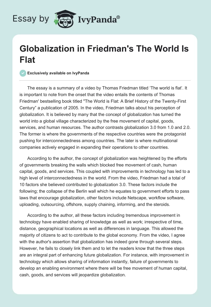 Globalization in Friedman's "The World Is Flat". Page 1