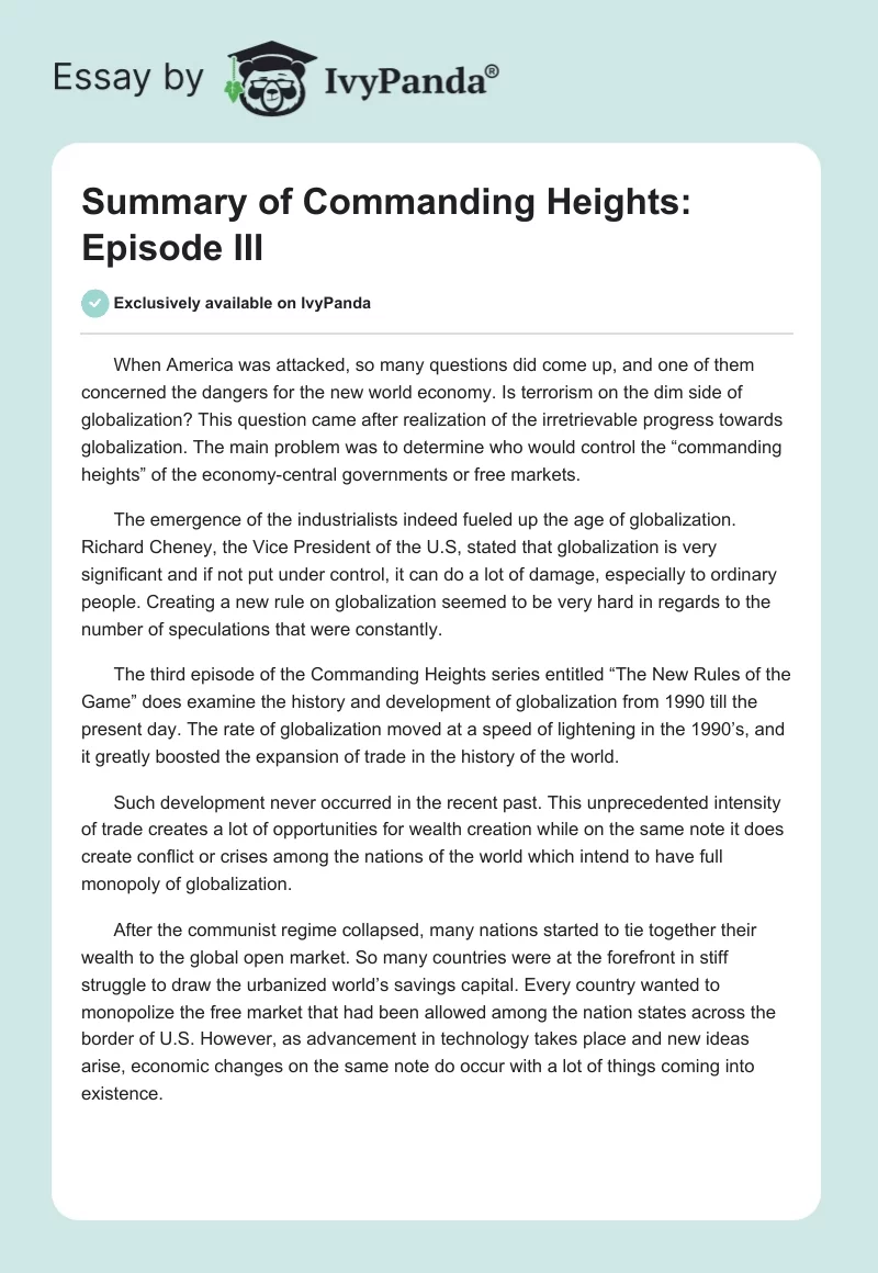 Summary of Commanding Heights: Episode III. Page 1
