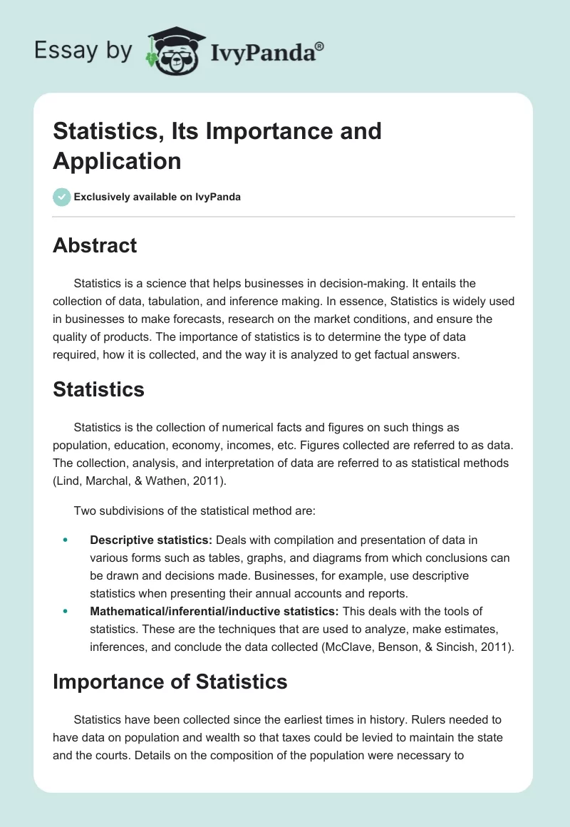 Statistics, Its Importance and Application. Page 1