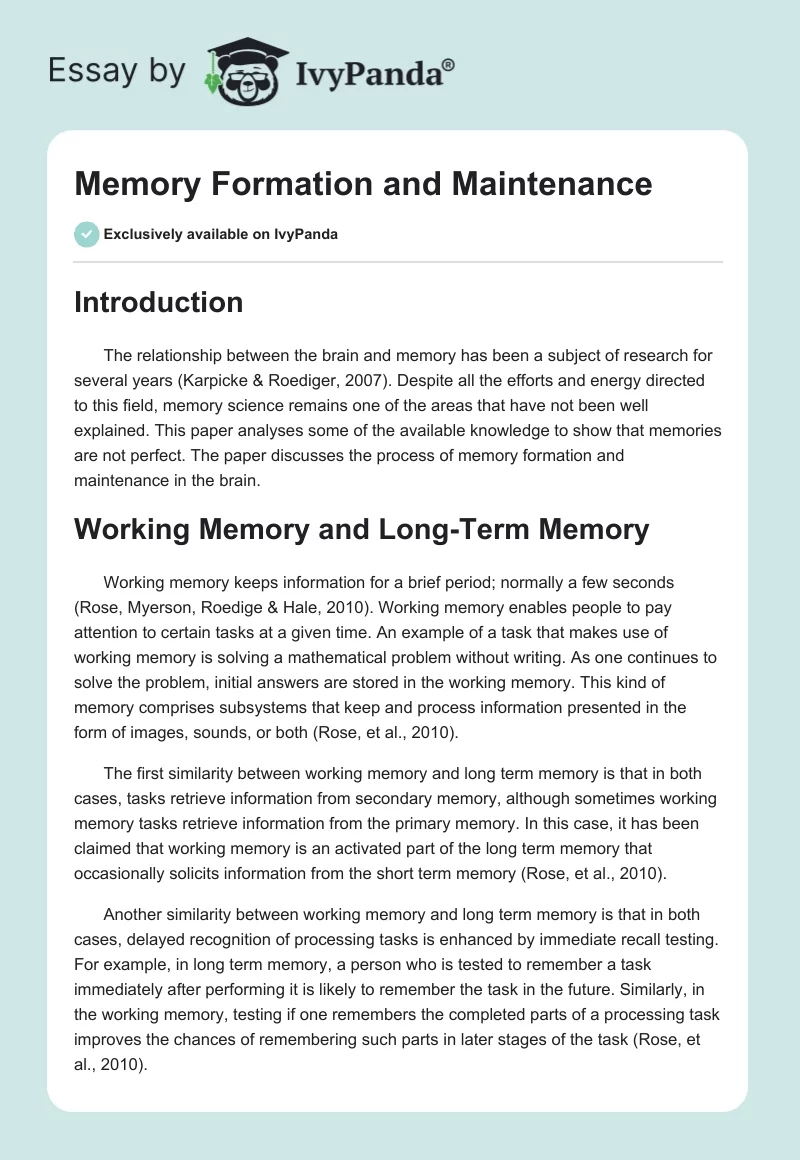 Memory Formation and Maintenance. Page 1