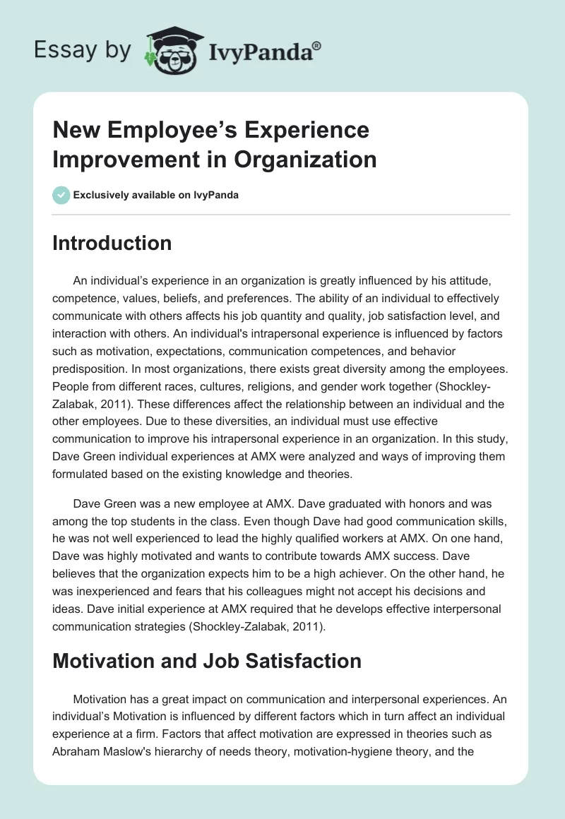 New Employee’s Experience Improvement in Organization. Page 1