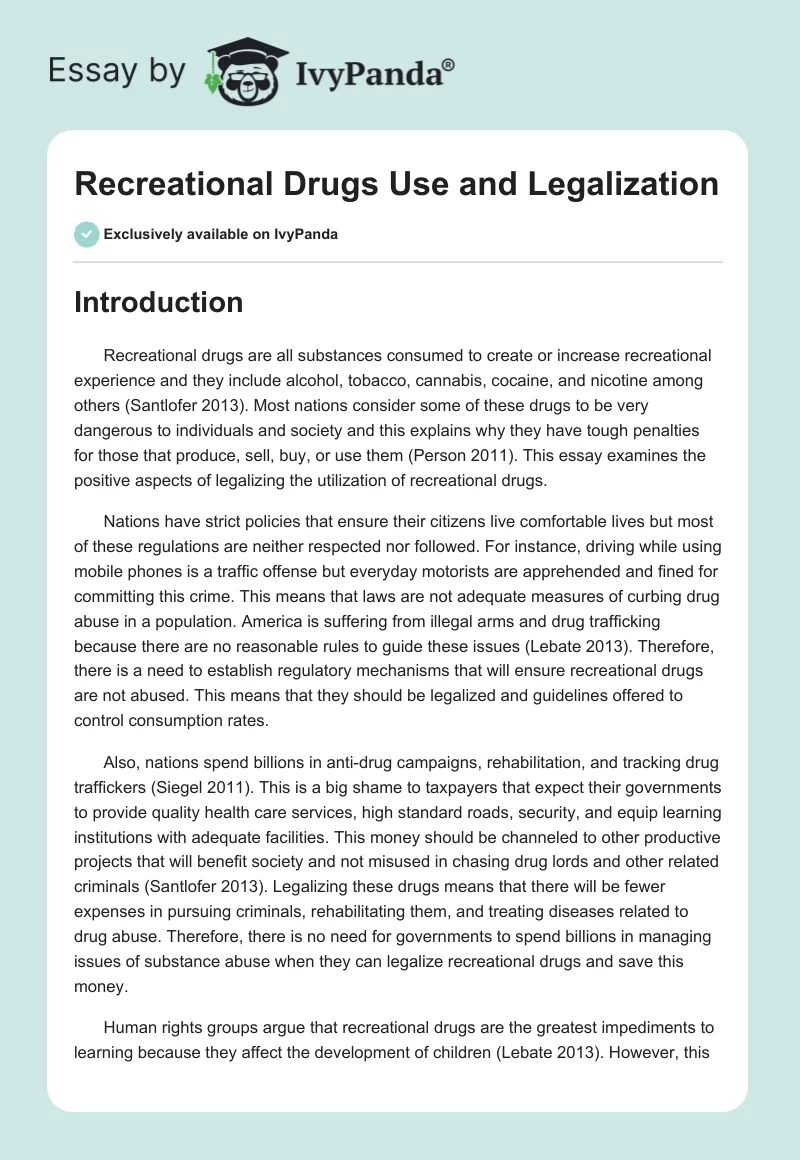 Recreational Drugs Use and Legalization. Page 1