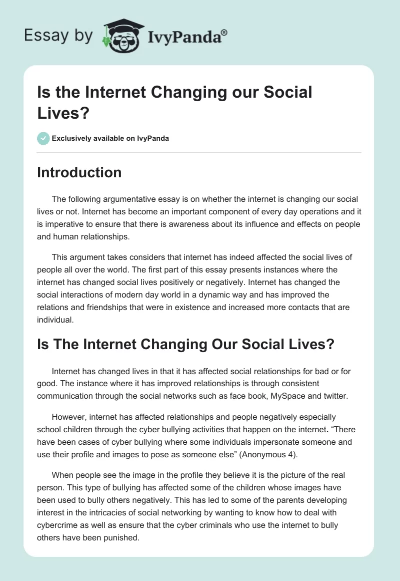 Is the Internet Changing our Social Lives?. Page 1