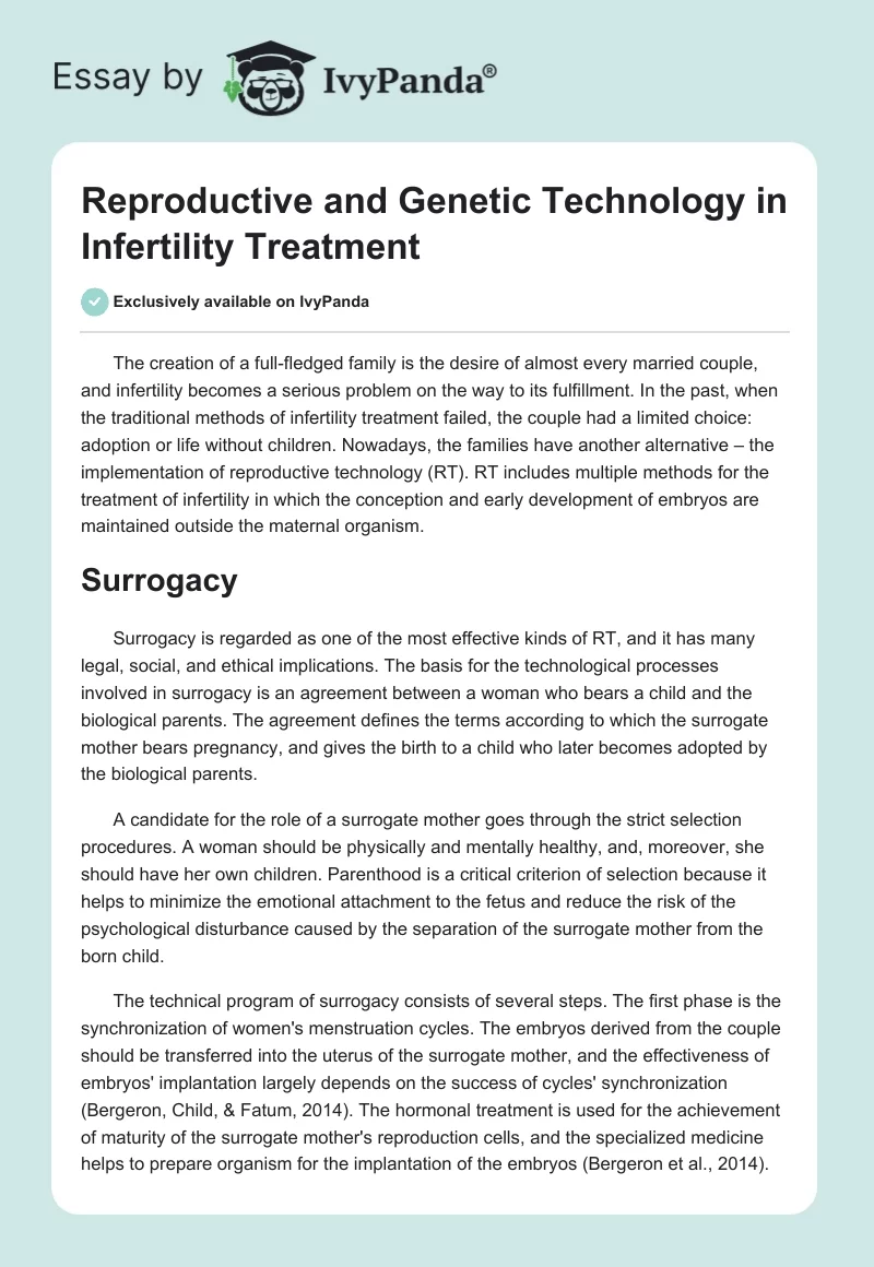 Reproductive and Genetic Technology in Infertility Treatment. Page 1