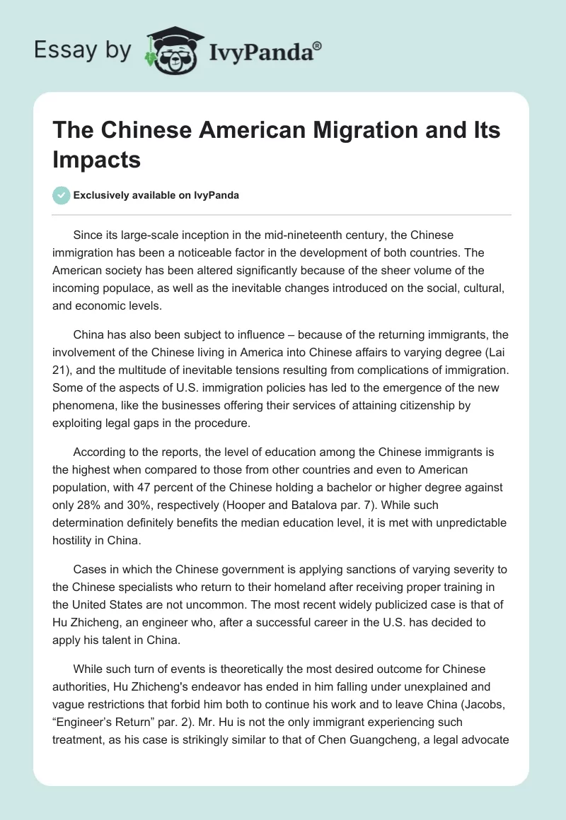 The Chinese American Migration and Its Impacts. Page 1