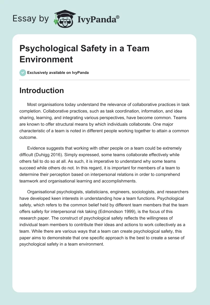 Psychological Safety in a Team Environment. Page 1